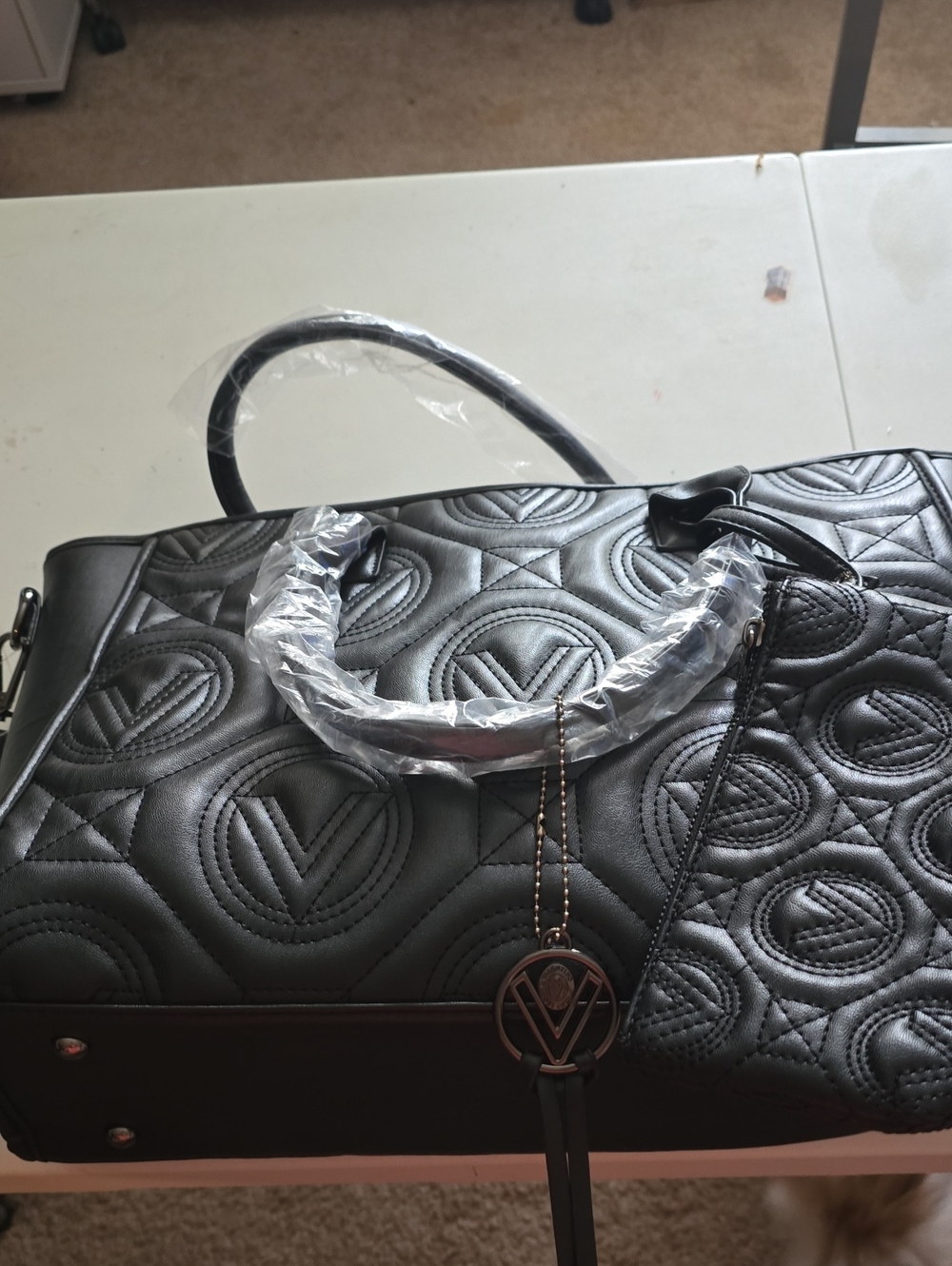 Valentino Orlandi Black Quilted Tote with Pendant Charm And Coin Purse